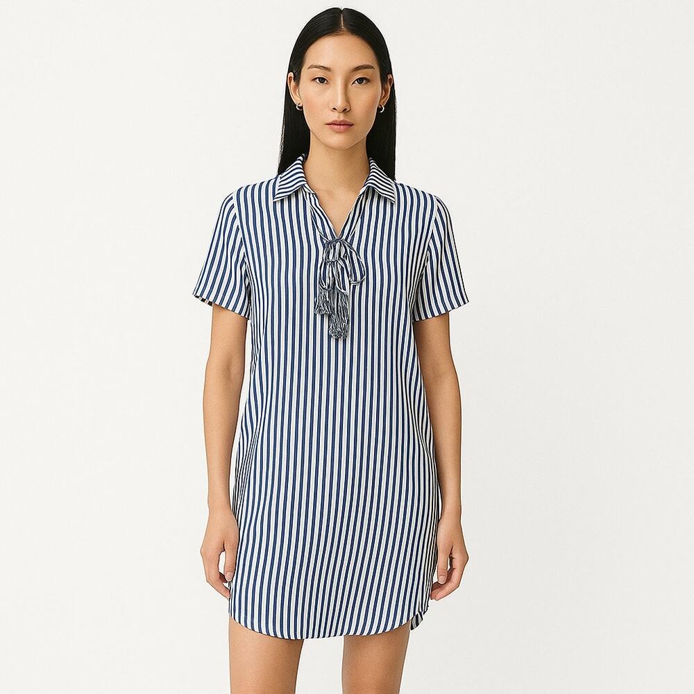 Tommy Bahama Blue White Striped Short Sleeve Tassel Mini Shirt Dress Size S